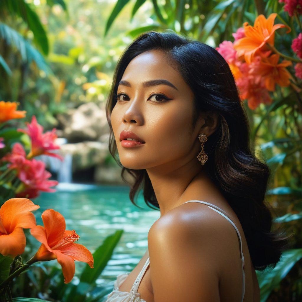 A captivating scene depicting a sultry Filipino woman in a lush tropical setting, surrounded by vibrant flowers and gentle waves, exuding confidence and allure. She gazes into the distance, embodying the spirit of love and passion, while soft lighting enhances her elegance. In the background, hints of classic film reels intertwine with the natural beauty, symbolizing the connection between erotic films and Filipino culture. surrealistic. vibrant colors. soft focus.