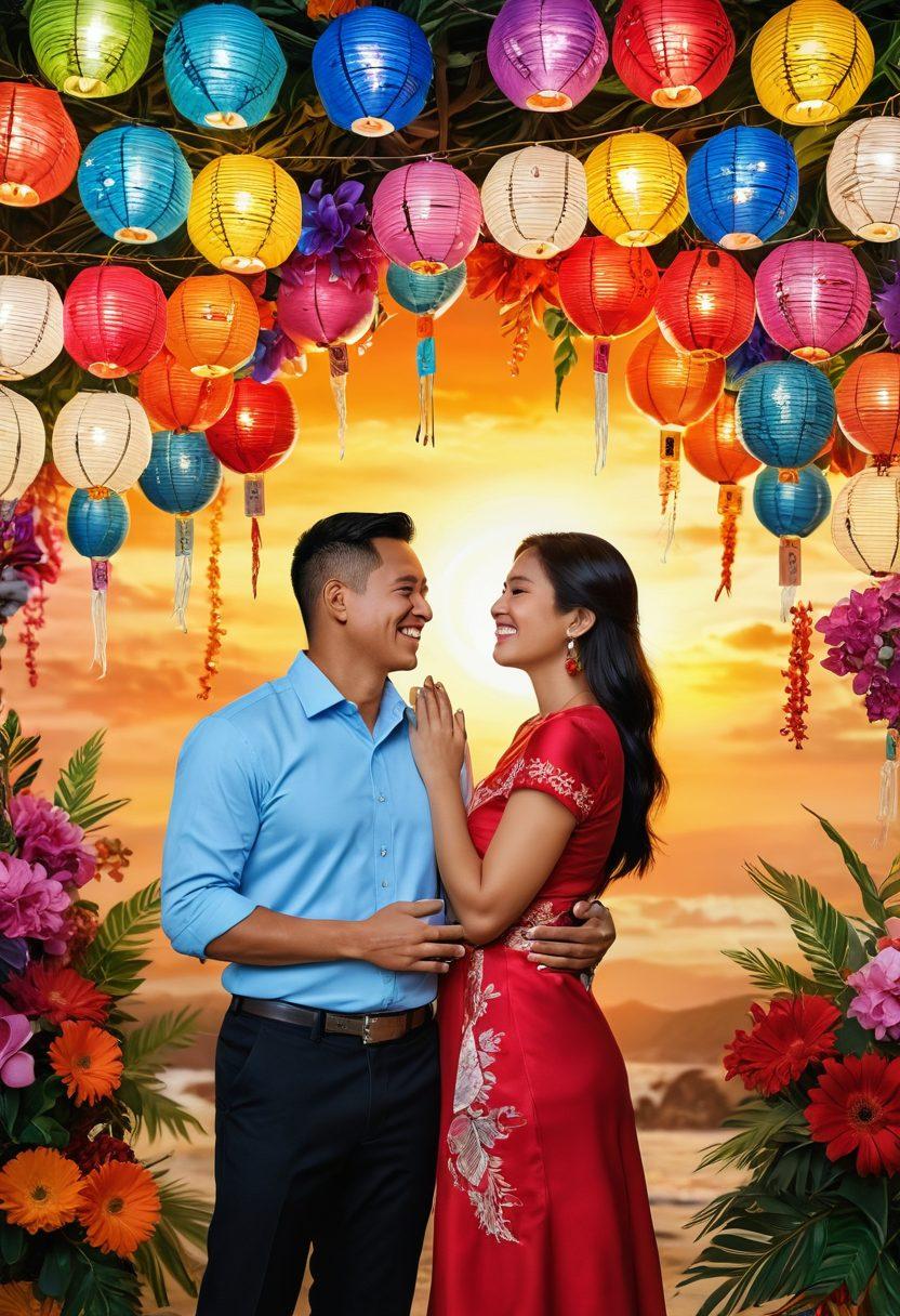 A vibrant celebration of Pinay culture, featuring a joyful couple surrounded by traditional Filipino symbols like parol lanterns, woven textiles, and festive decorations. The couple is laughing and sharing an intimate moment, exuding warmth and love. The background is filled with colorful flowers and a sunset sky, reflecting a sense of harmony and cultural richness. The overall atmosphere is lively and full of joy. super-realistic. vibrant colors. painting.