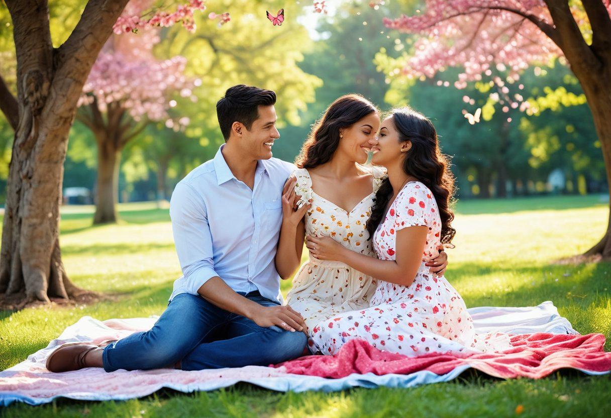 A vibrant scene of diverse couples sharing joyful moments, surrounded by colorful hearts and sparkles, with a backdrop of a sunny park filled with blooming flowers. Capture the warmth of laughter and love, portraying intimate exchanges like holding hands and playful embraces. Include elements like a picnic setup, soft light filtering through trees, and fluttering butterflies to enhance the romantic atmosphere. bright and whimsical. vibrant colors. digital art.